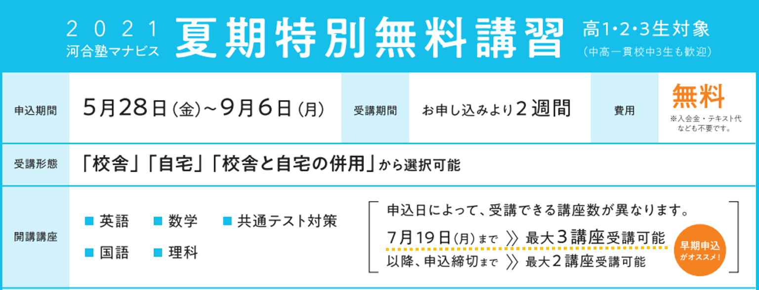 河合塾マナビス_2021夏期特別無料講習の概要